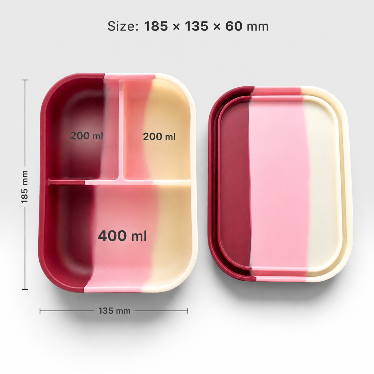 Berry Blush 3 compartment silicone lunch box for kids with 800ml capacity, featuring one 400ml compartment and two 200ml compartments for school lunches and snacks