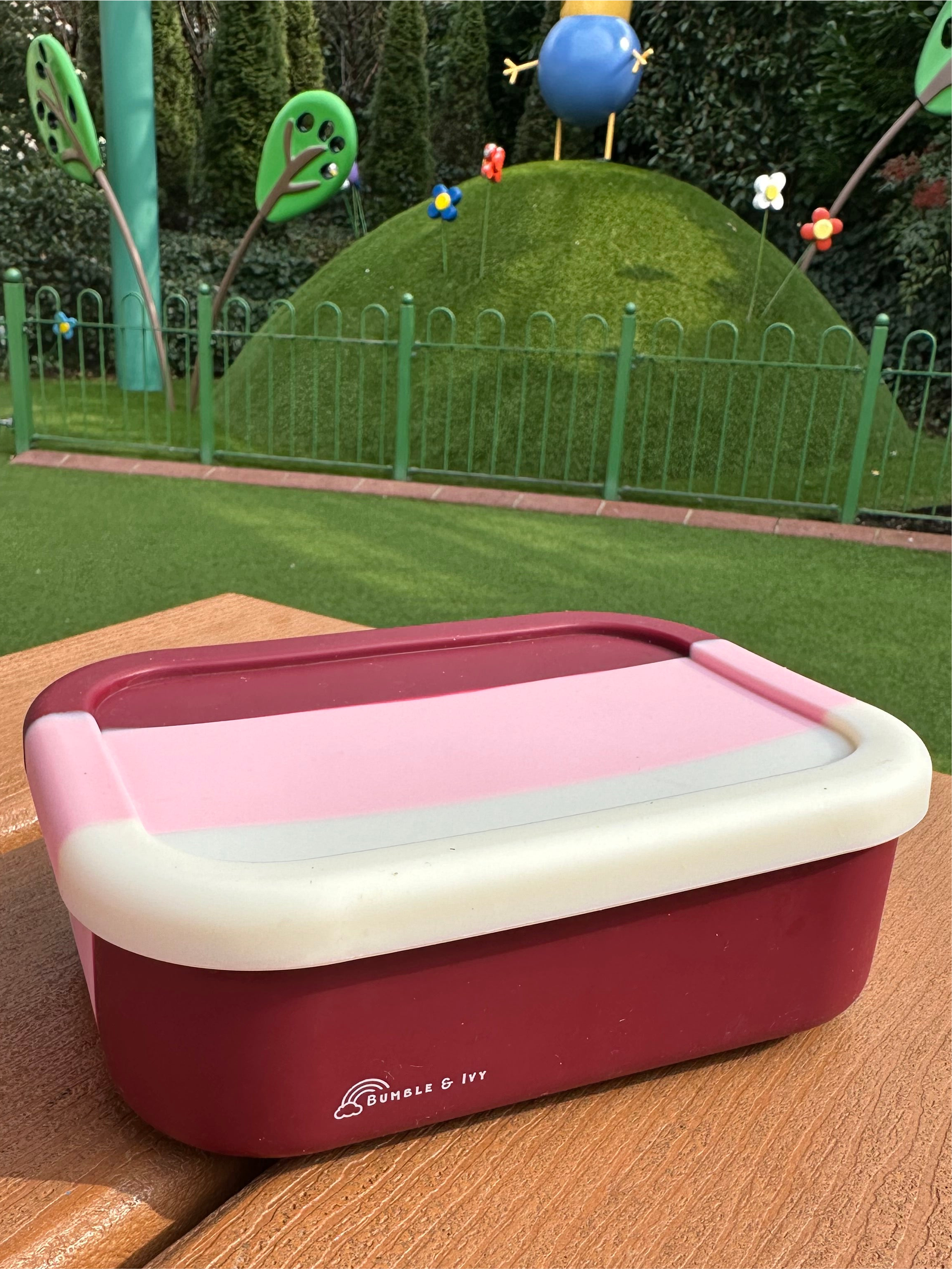 Berry Blush silicone bento lunch box for kids, reusable 3 compartment lunch box for school, nursery, picnics and healthy packed lunches