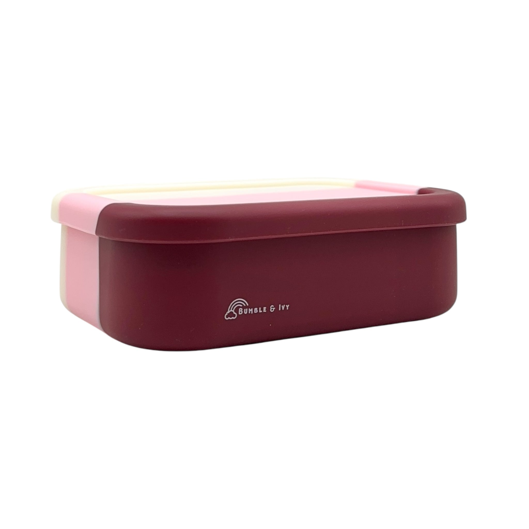 Bumble & Ivy Berry Blush 3 compartment silicone bento box with leak resistant lid, reusable lunch box for kids school lunches and toddler meals