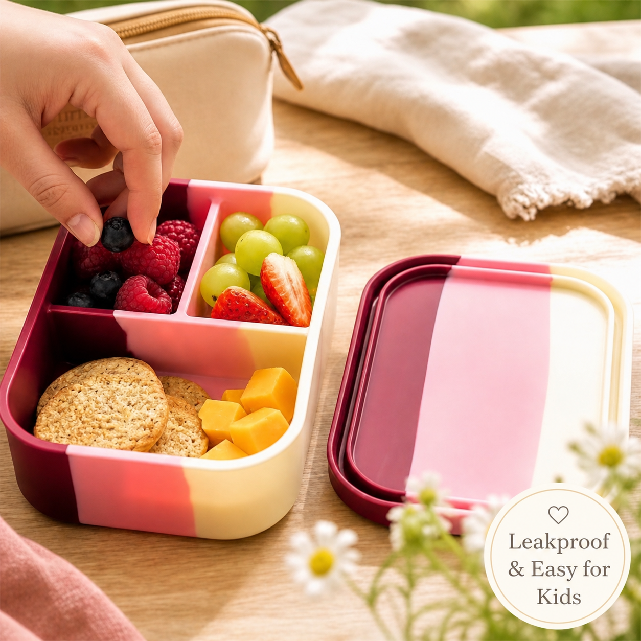 Bumble & Ivy Berry Blush 3 compartment silicone bento box filled with fruit and snacks, leak resistant lunch box for kids, toddlers and school lunches