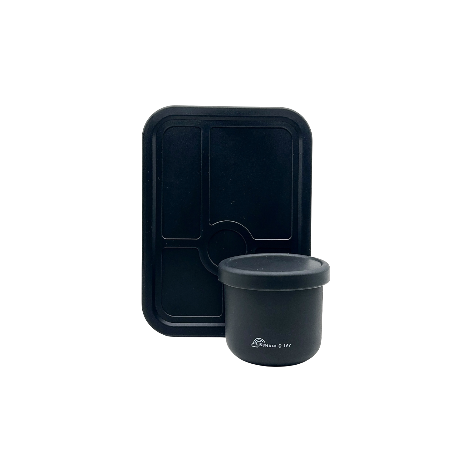 Isolated view of the Bumble & Ivy midnight black silicone snack pot with a sealed lid, a leakproof and reusable food storage container for toddler snacks and baby weaning.