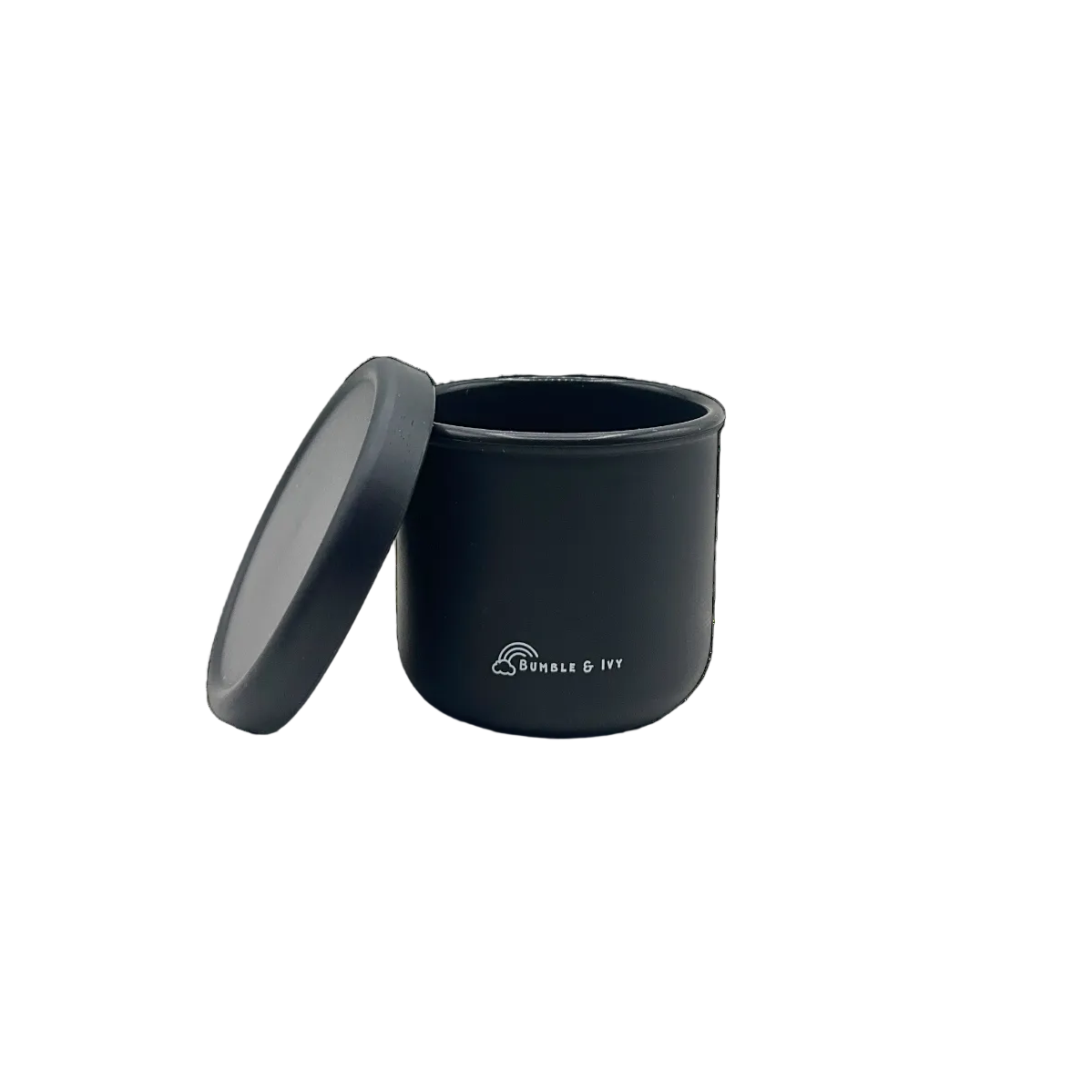 Midnight black silicone snack pot with its lid propped open by Bumble & Ivy, a leakproof and portable toddler snack cup for nursery, travel, and school.