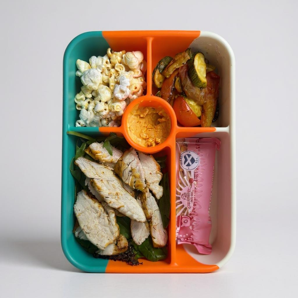 Bumble & Ivy Rio 5 compartment silicone bento box packed with chicken, vegetables, popcorn and snacks for kids lunches and meal prep