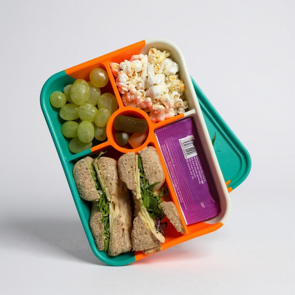Bumble & Ivy Rio silicone bento lunch box with five compartments filled with sandwich, grapes, popcorn and snacks for school lunches and toddler meals