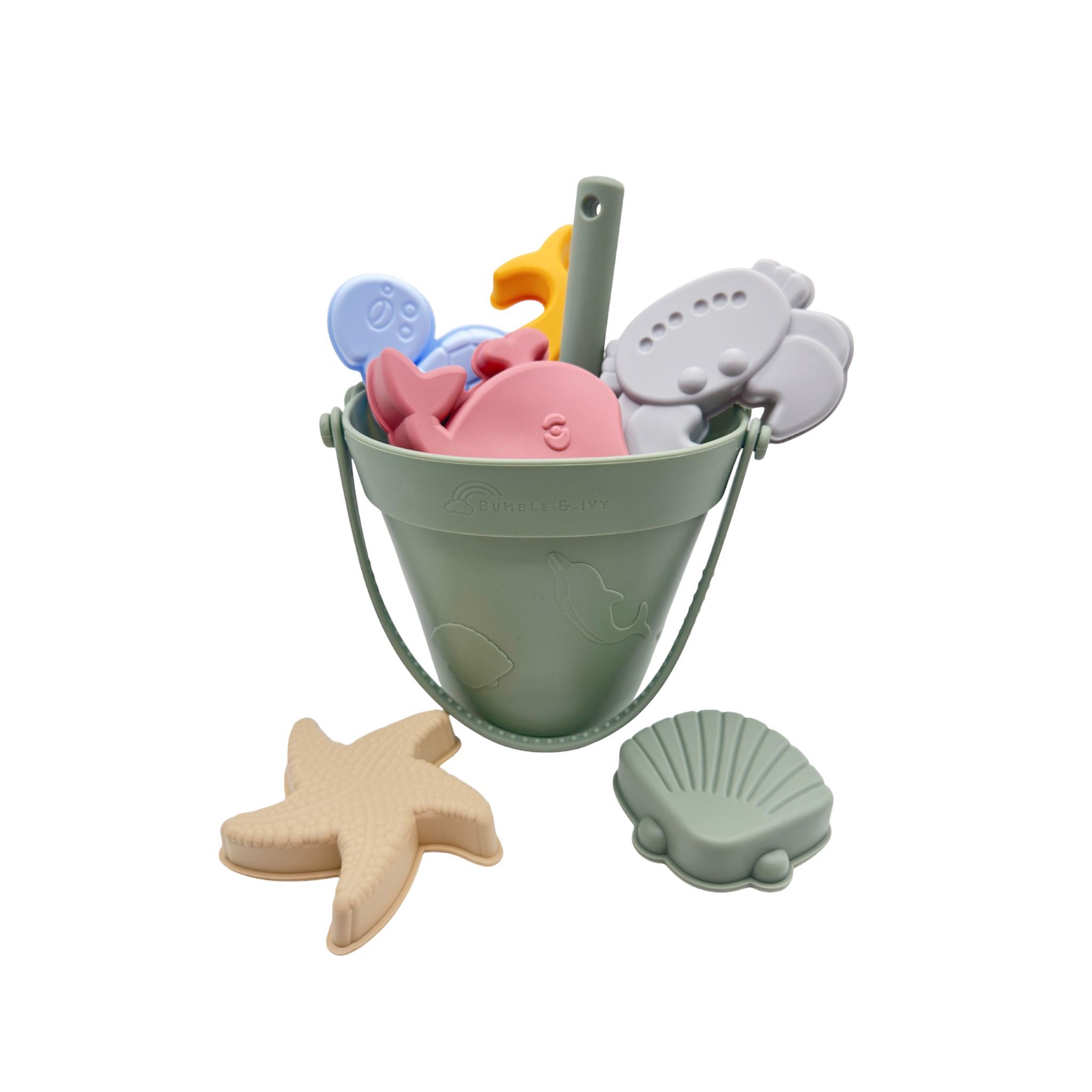 Bumble & Ivy silicone beach toy set with bucket, spade and sea moulds
