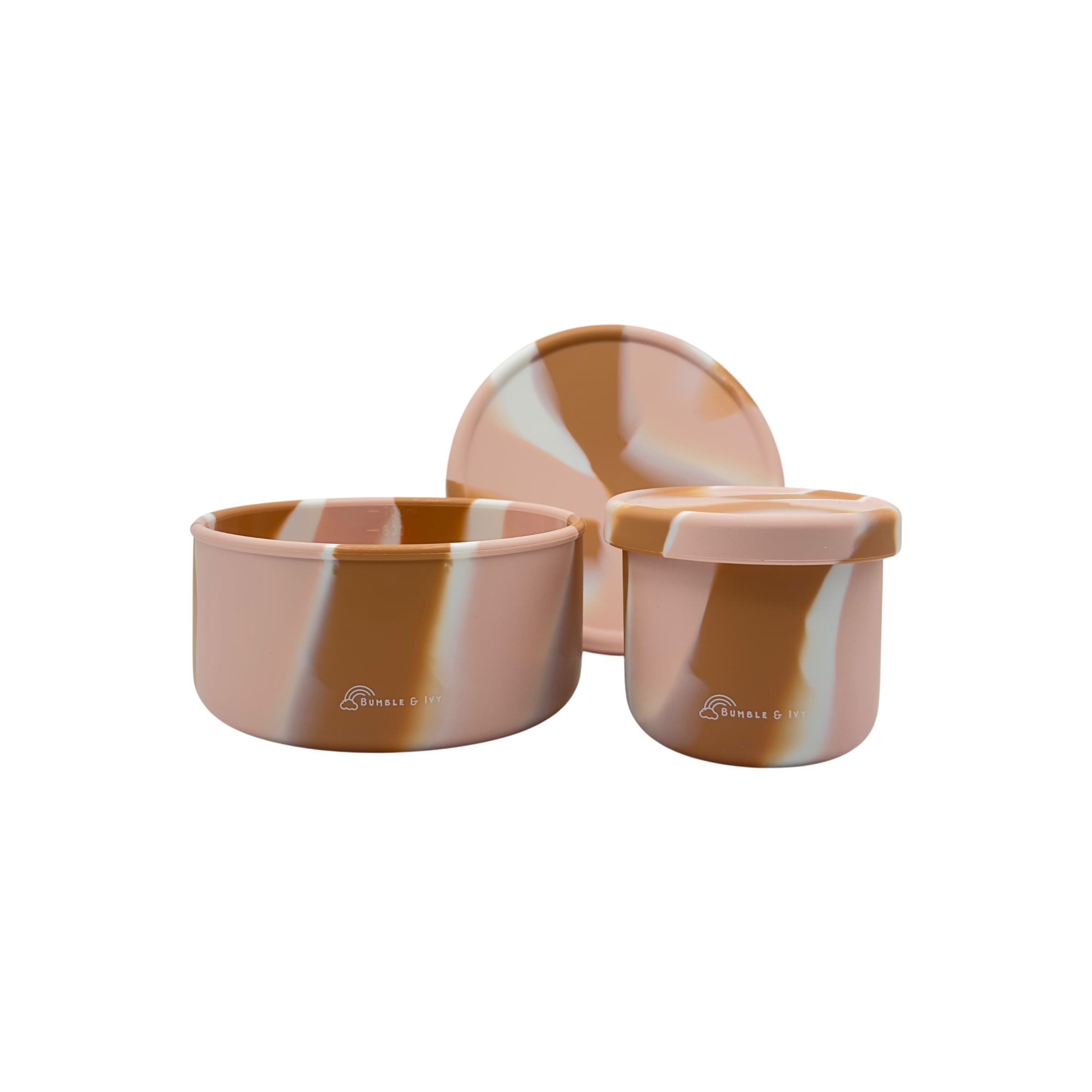 Bumble & Ivy silicone round lunch box and snack pot set in soft pink, caramel and cream colours for school lunches, travel and beach days