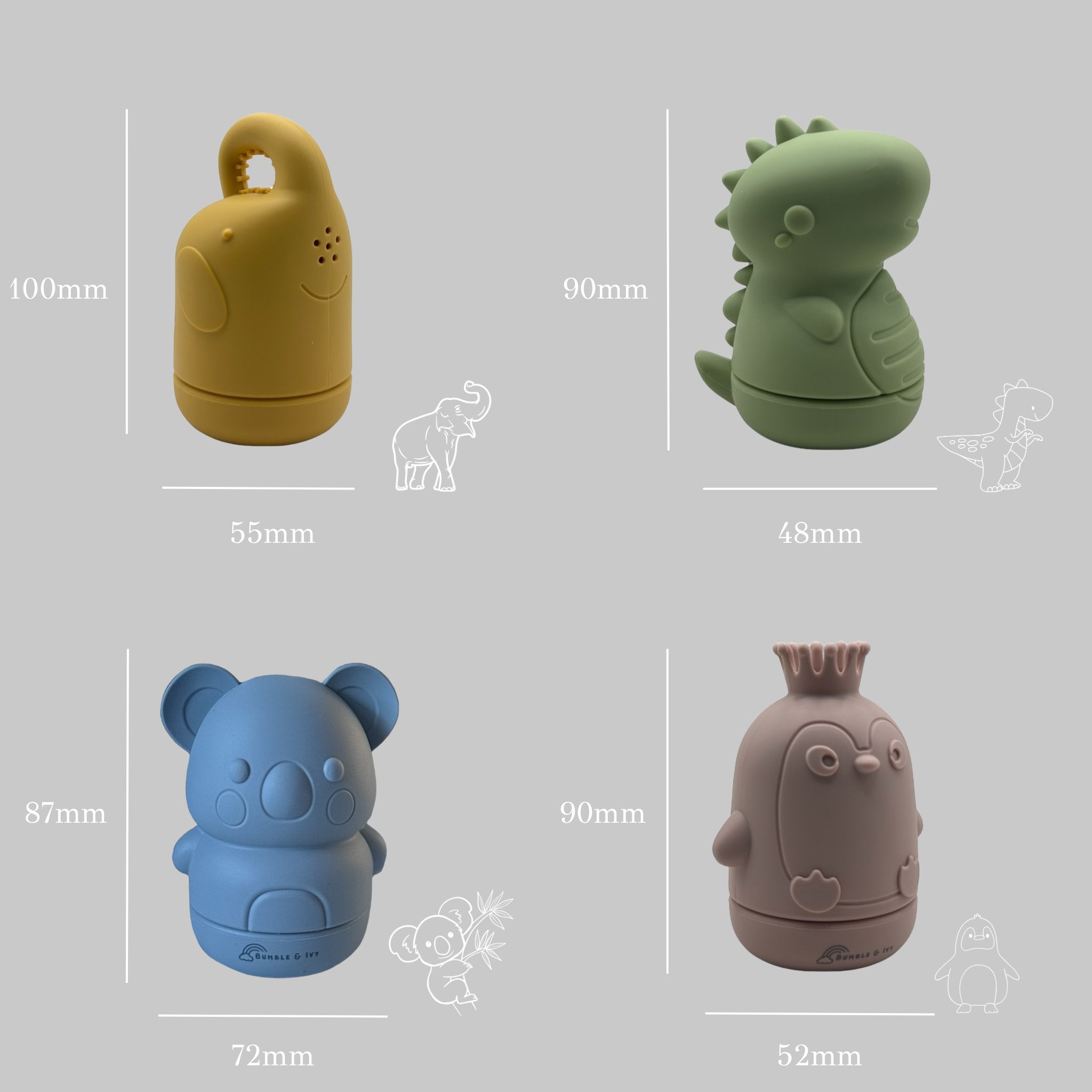 Dimensions of Bumble & Ivy jungle silicone bath toy set with dinosaur, elephant, koala and penguin characters.