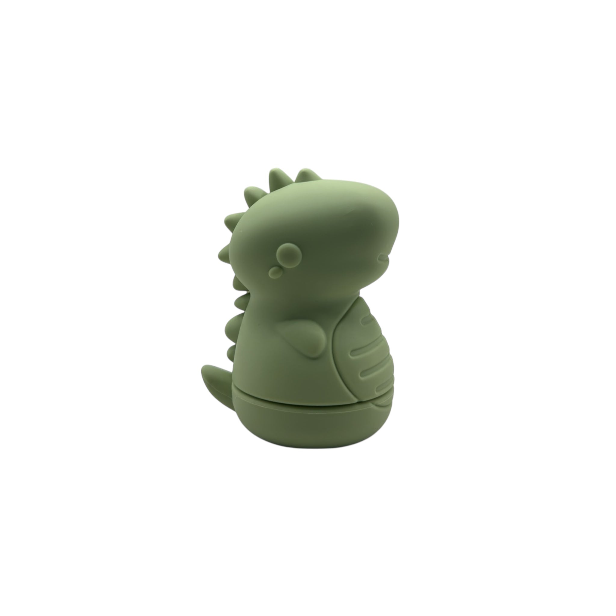 Green dinosaur silicone bath toy by Bumble & Ivy with easy-clean twist-open design.