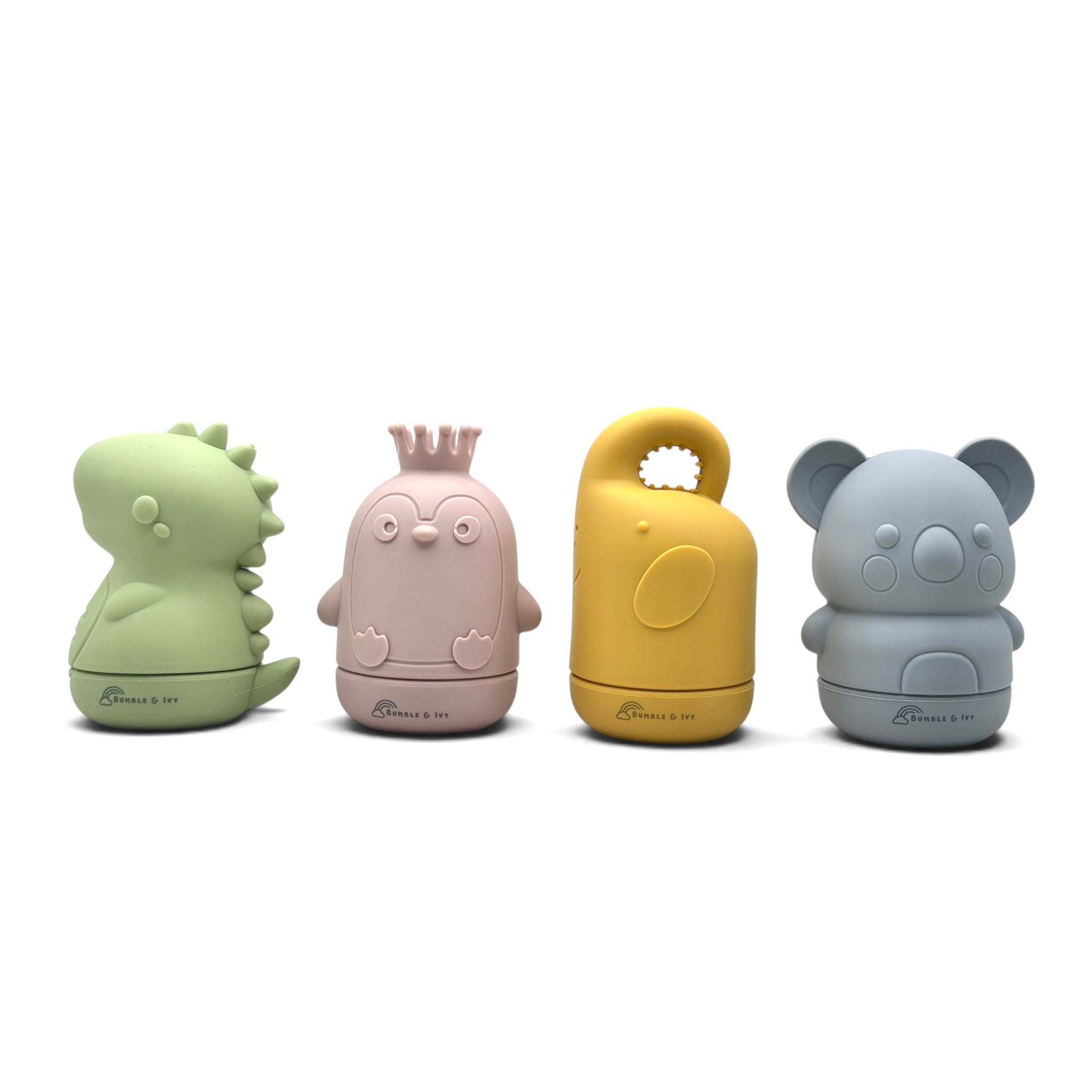 Jungle silicone bath toy set for babies and toddlers that twists apart for easy cleaning.