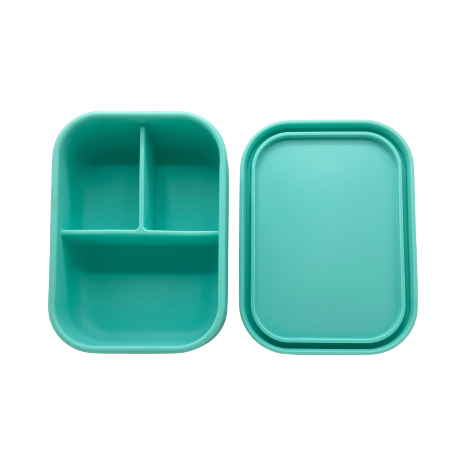 Bumble & Ivy Pearl Aqua silicone bento box with a 3-compartment leakproof design and separate lid.