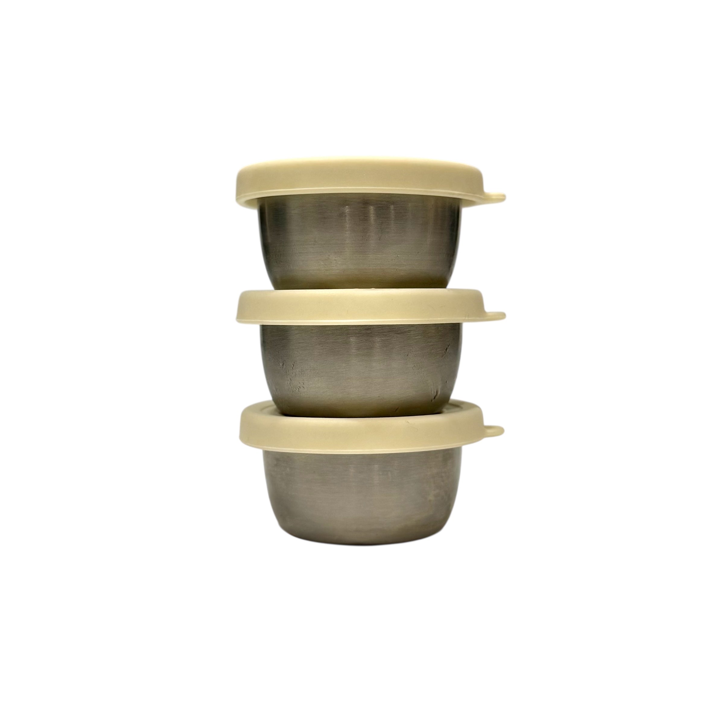 Kids stainless steel snack pots with cream silicone lids by Bumble & Ivy, leak-resistant dippy pots for lunchboxes and dips