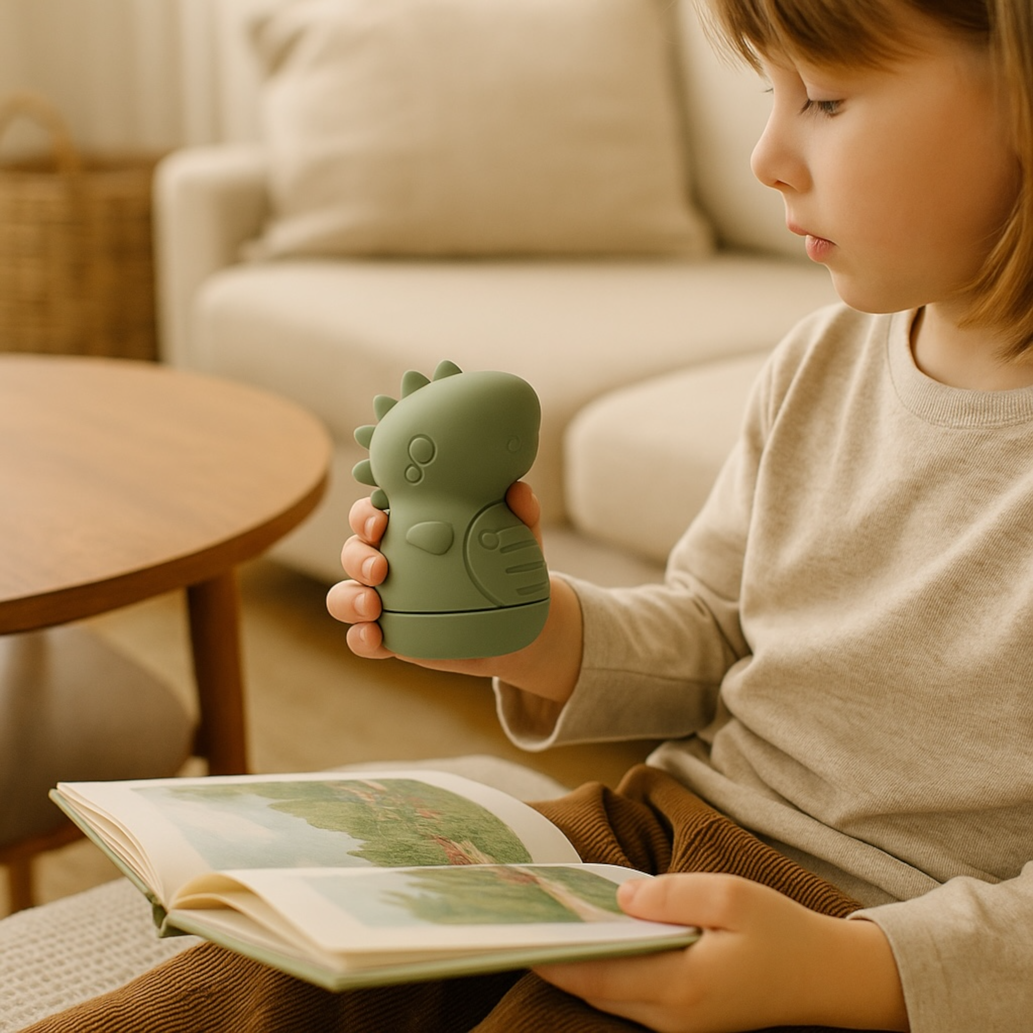 Child holding a Bumble & Ivy dinosaur silicone bath toy while reading a book at home.