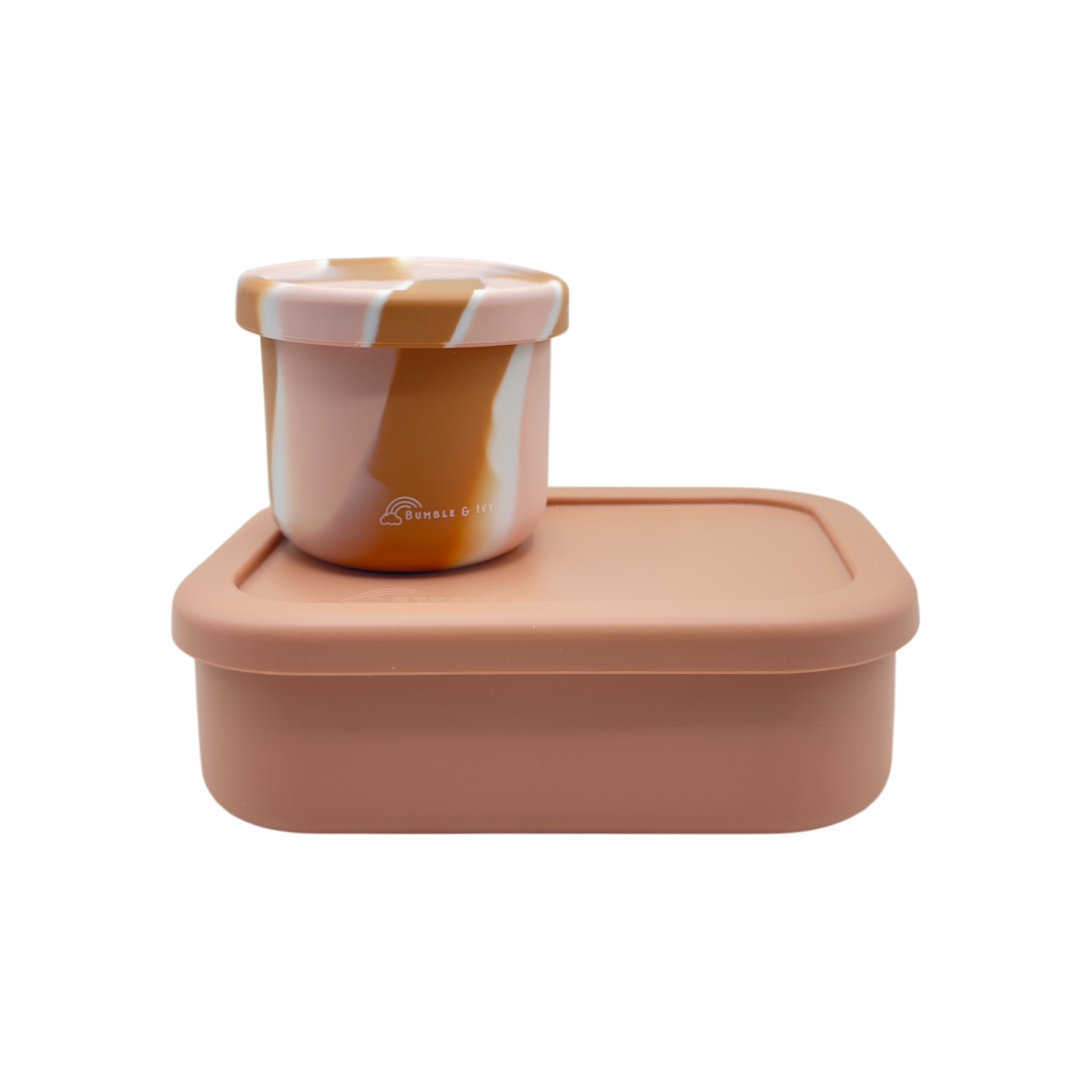 Bumble & Ivy Coco bento and snack pot set, featuring a solid dusty rose silicone lunch box and a swirling marbled caramel and pink snack container.