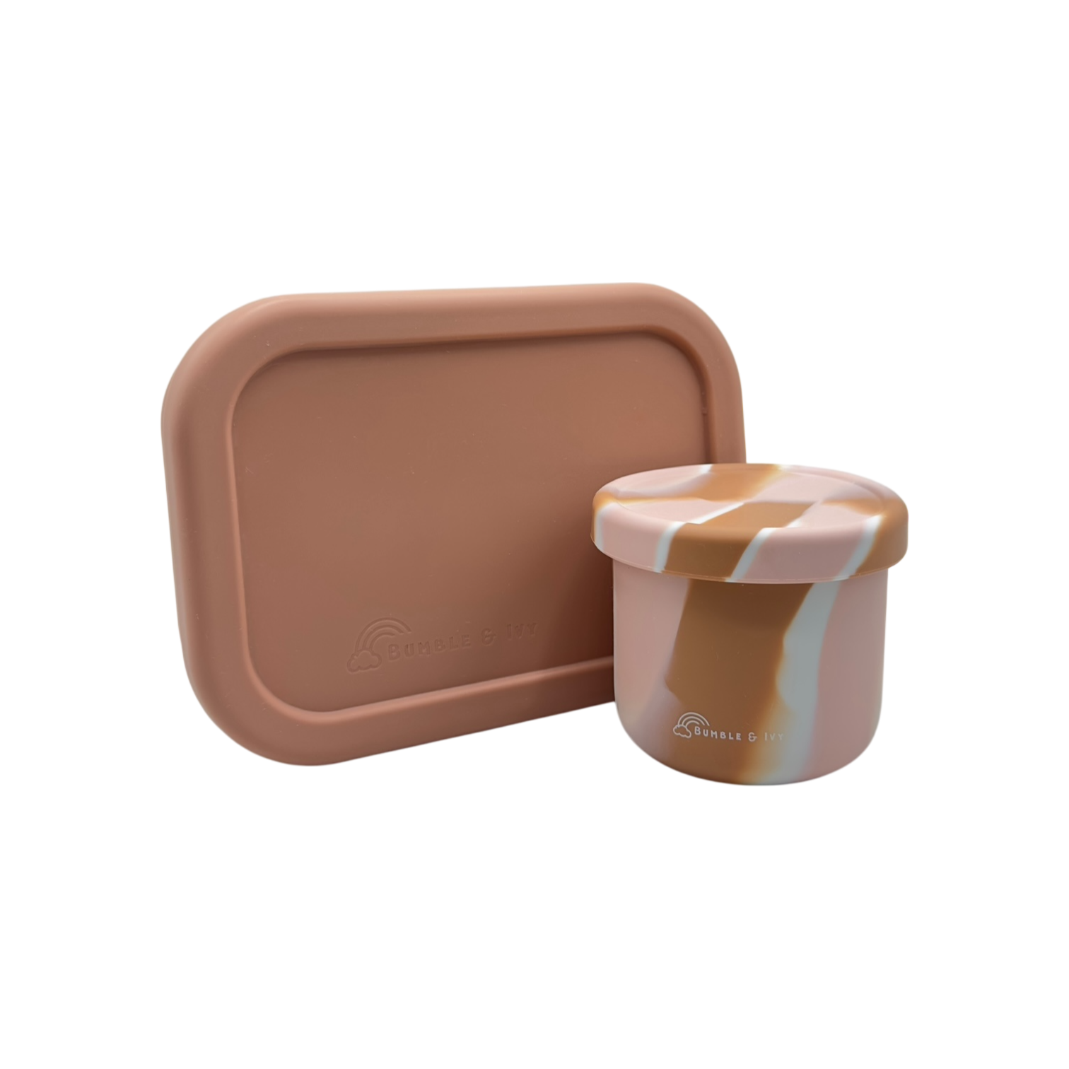 Bumble & Ivy Coco silicone bento lunch box and marbled snack pot set displayed side-by-side