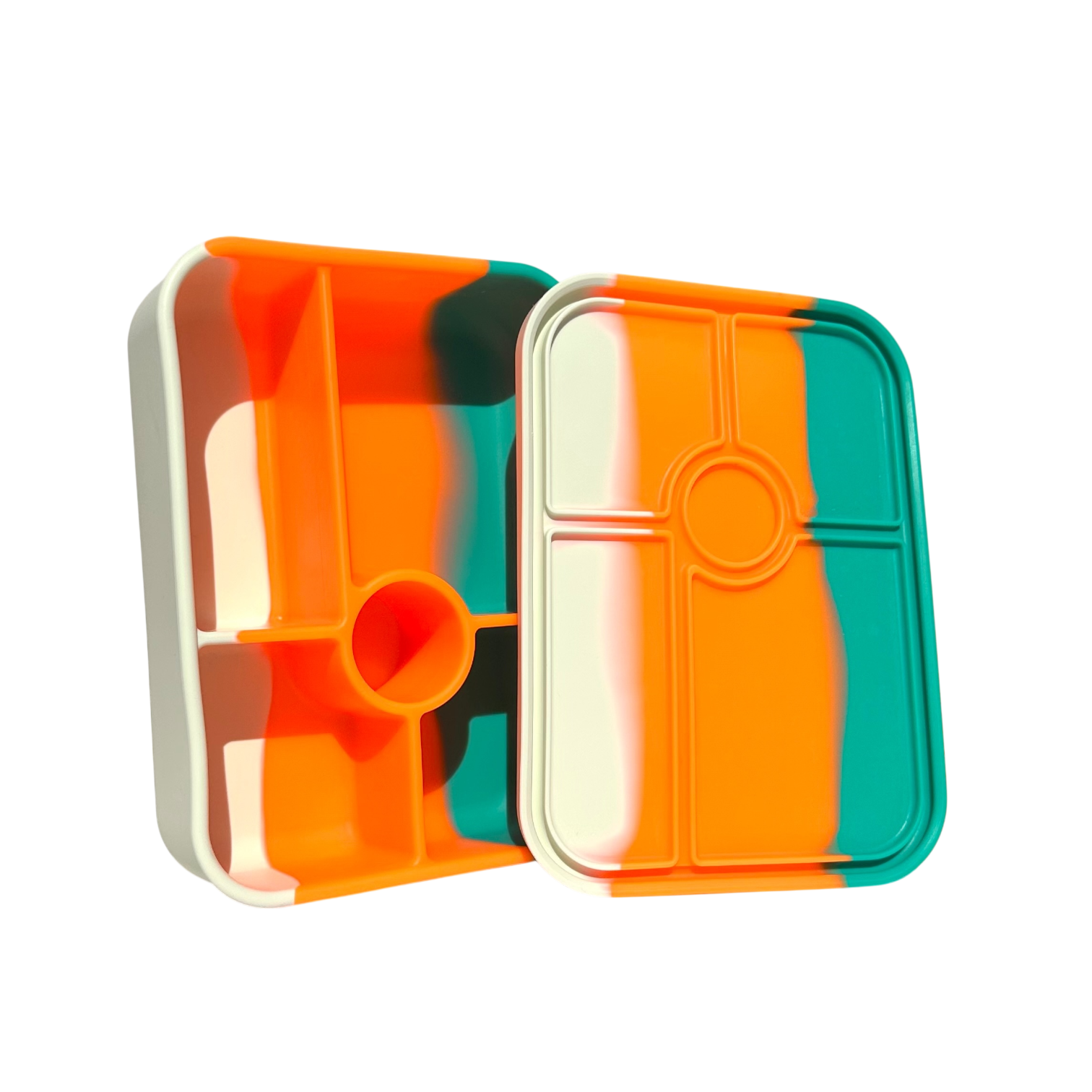 An open empty 5-compartment silicone kids bento box and matching tricolor lid, showcasing the deep divided sections in orange, teal, and cream.