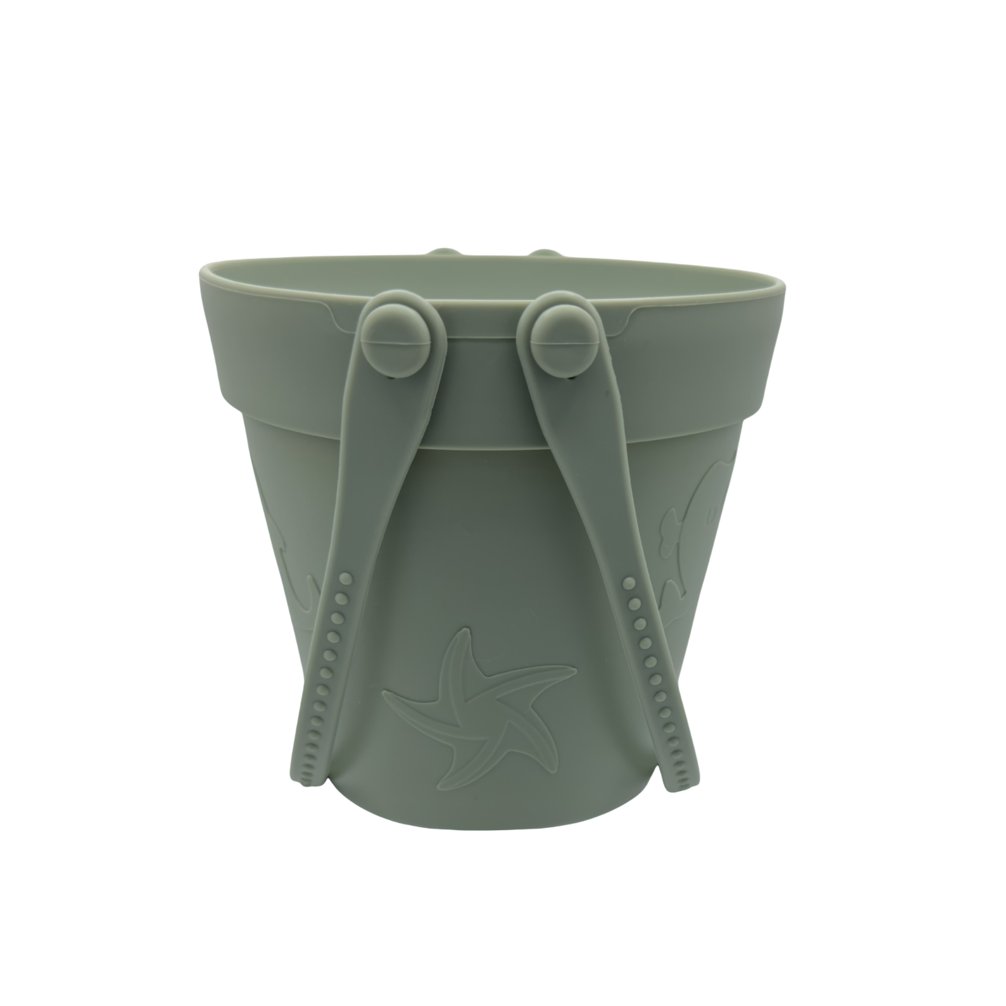 Back of Bumble & Ivy green silicone bucket with starfish design
