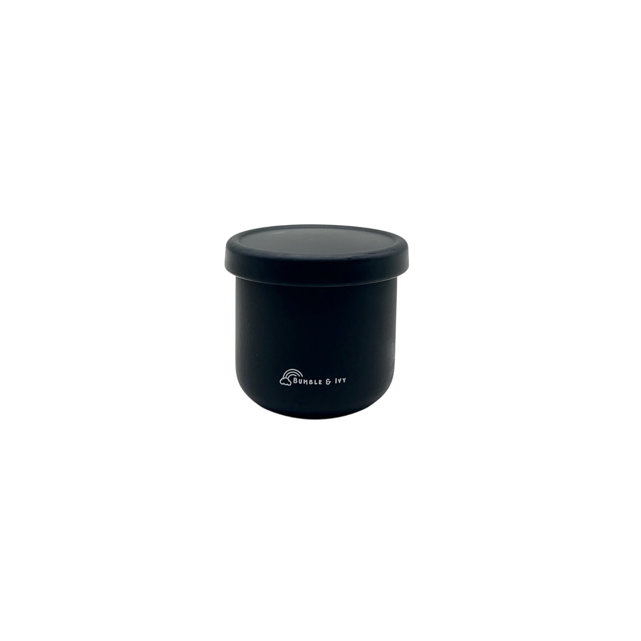 Bumble & Ivy midnight black silicone snack pot with a secure lid on a white background, a small leakproof individual snack container for nursery and travel.