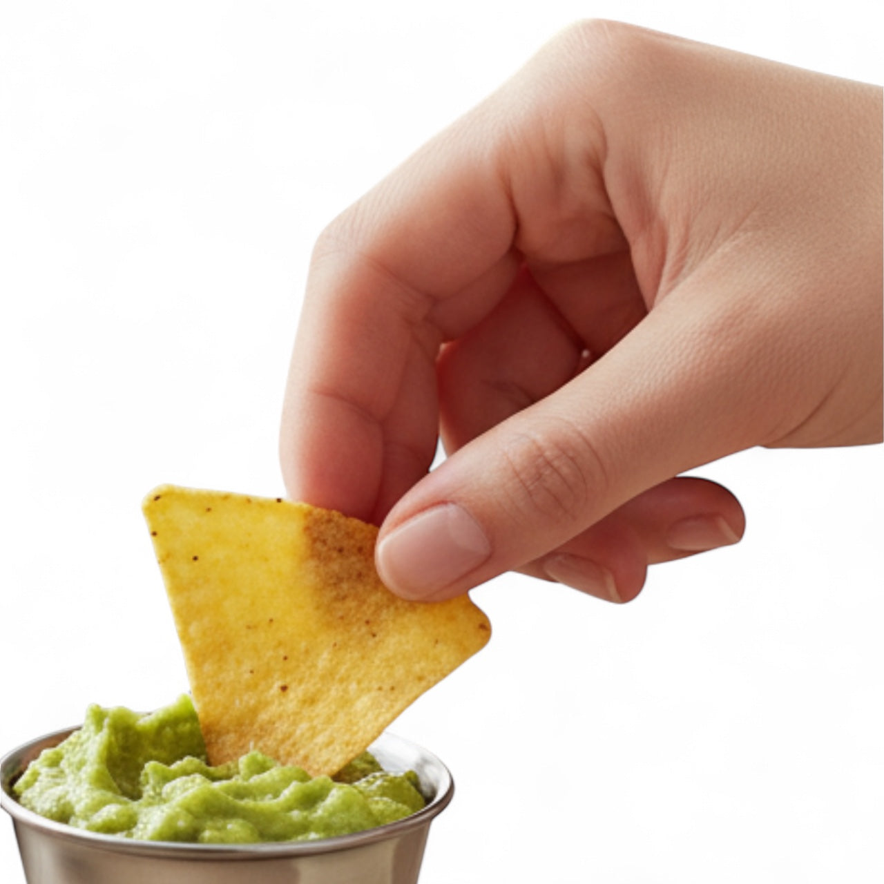 Guacamole in a stainless steel dippy pot for kids lunchboxes with tortilla chip dipping