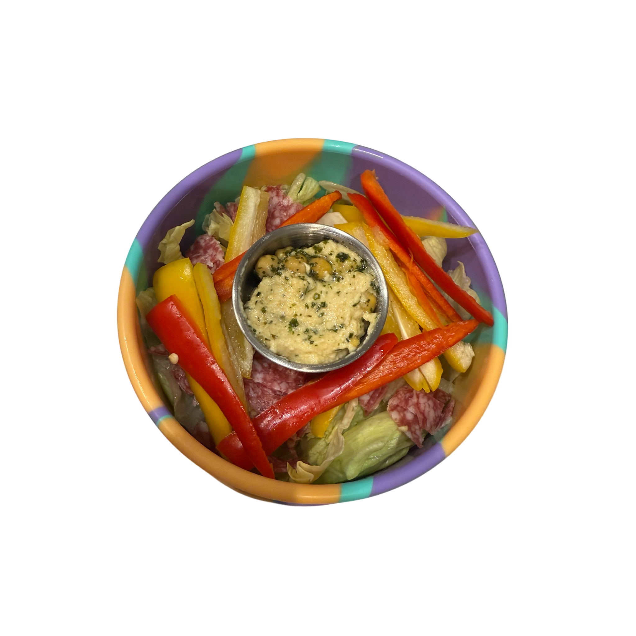 Kids snack bowl with fresh vegetables and stainless steel dip pot for lunchboxes and healthy snacks