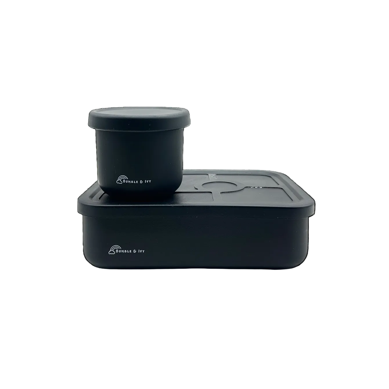 Midnight black 5-compartment silicone bento box and matching snack pot set by Bumble & Ivy, a leakproof and durable kids lunchbox for school and nursery.