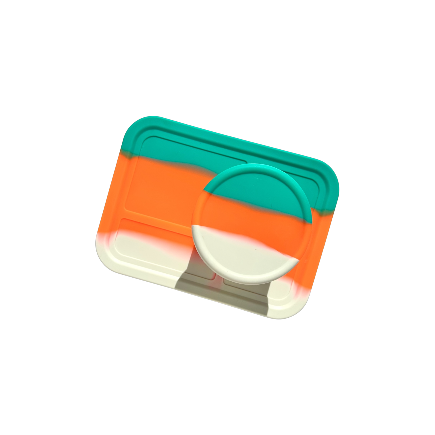 Food-grade silicone kids bento lunch box and snack container set in a vibrant teal, orange, and cream tricolor design.