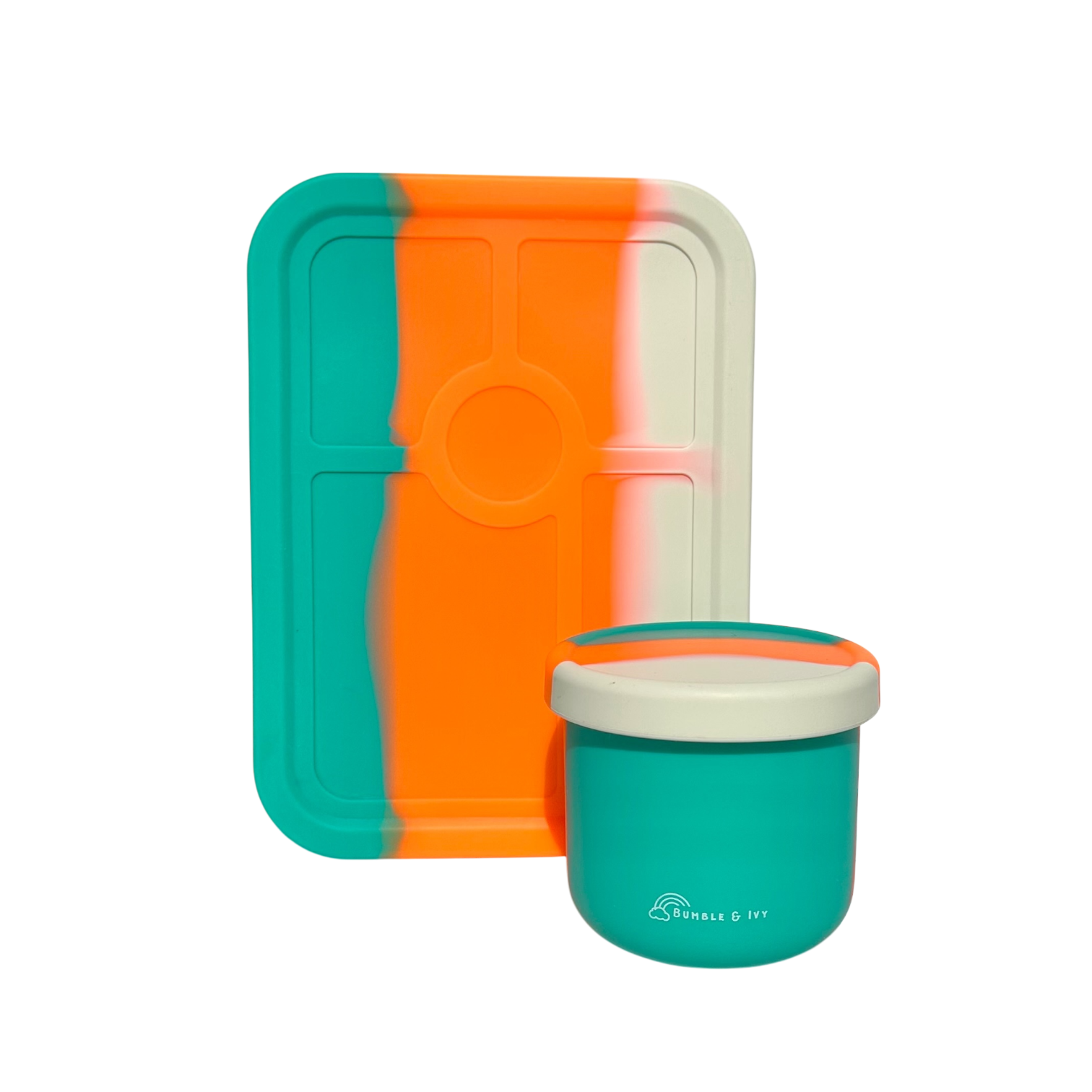 Vibrant tricolor silicone kids bento box and snack container set with a modern marble-effect lid design.