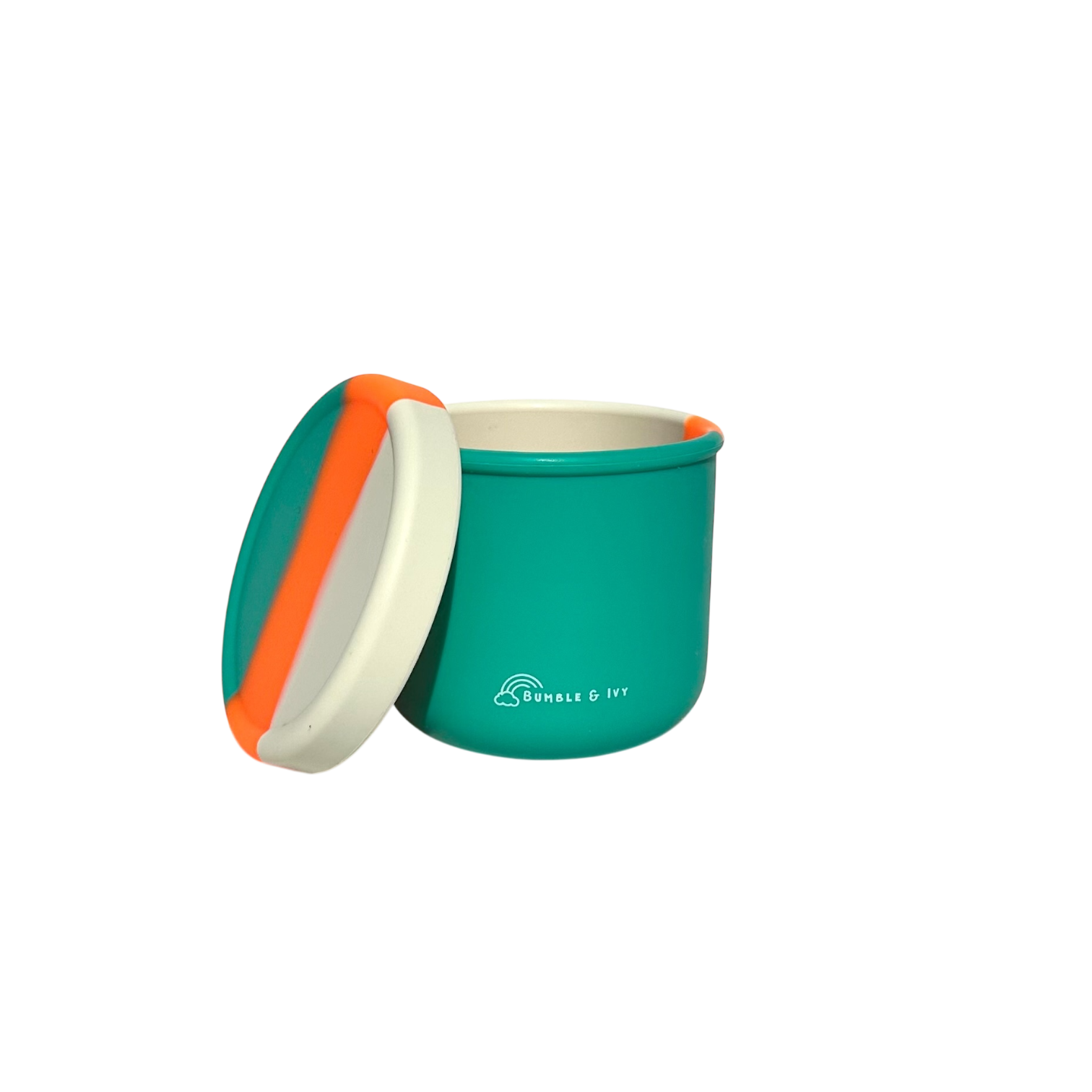 An open teal silicone kids snack pot showing a cream interior with its matching tricolor orange and teal lid propped up beside it.