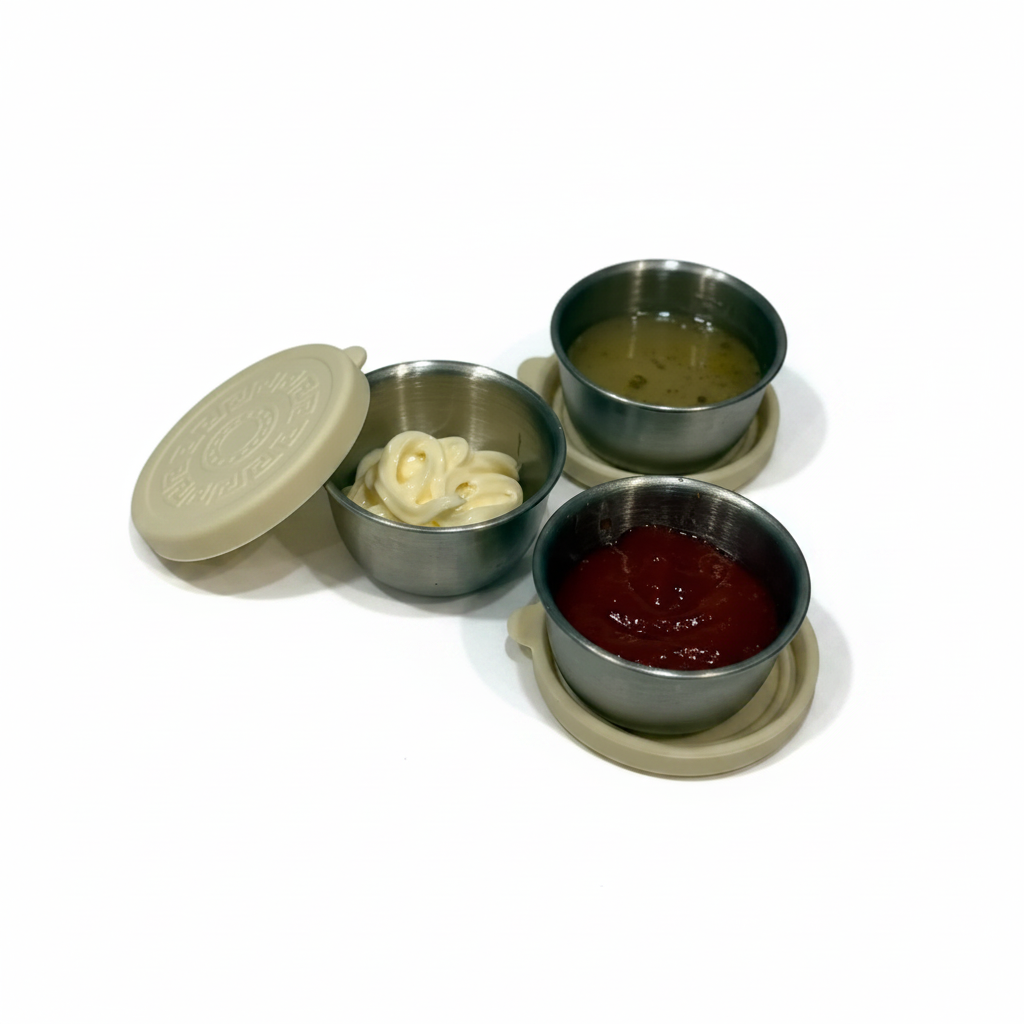 Kids stainless steel snack pots with silicone lids for sauces, dips and lunchboxes by Bumble & Ivy