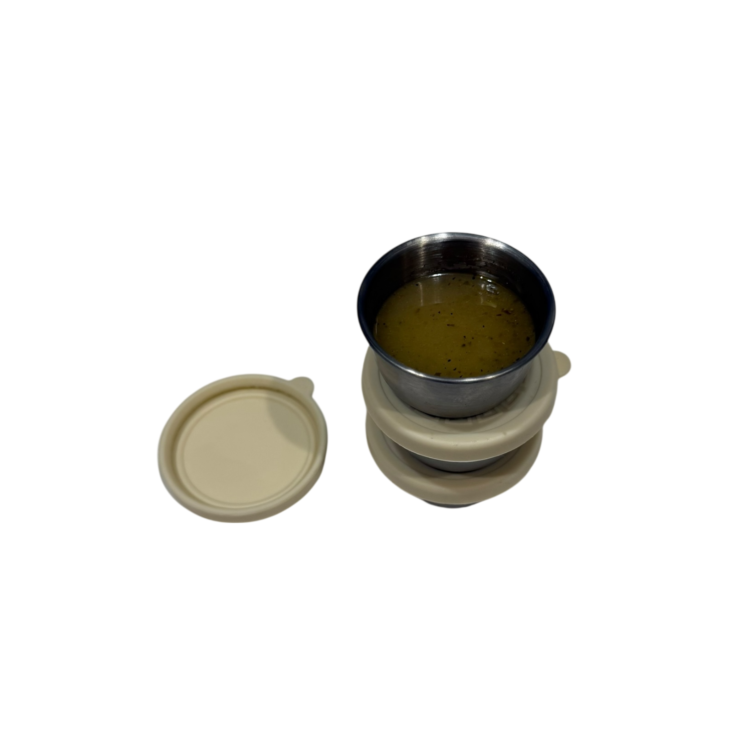 Kids stainless steel snack pot with cream silicone lid for sauces, dips and salad dressing in lunchboxes