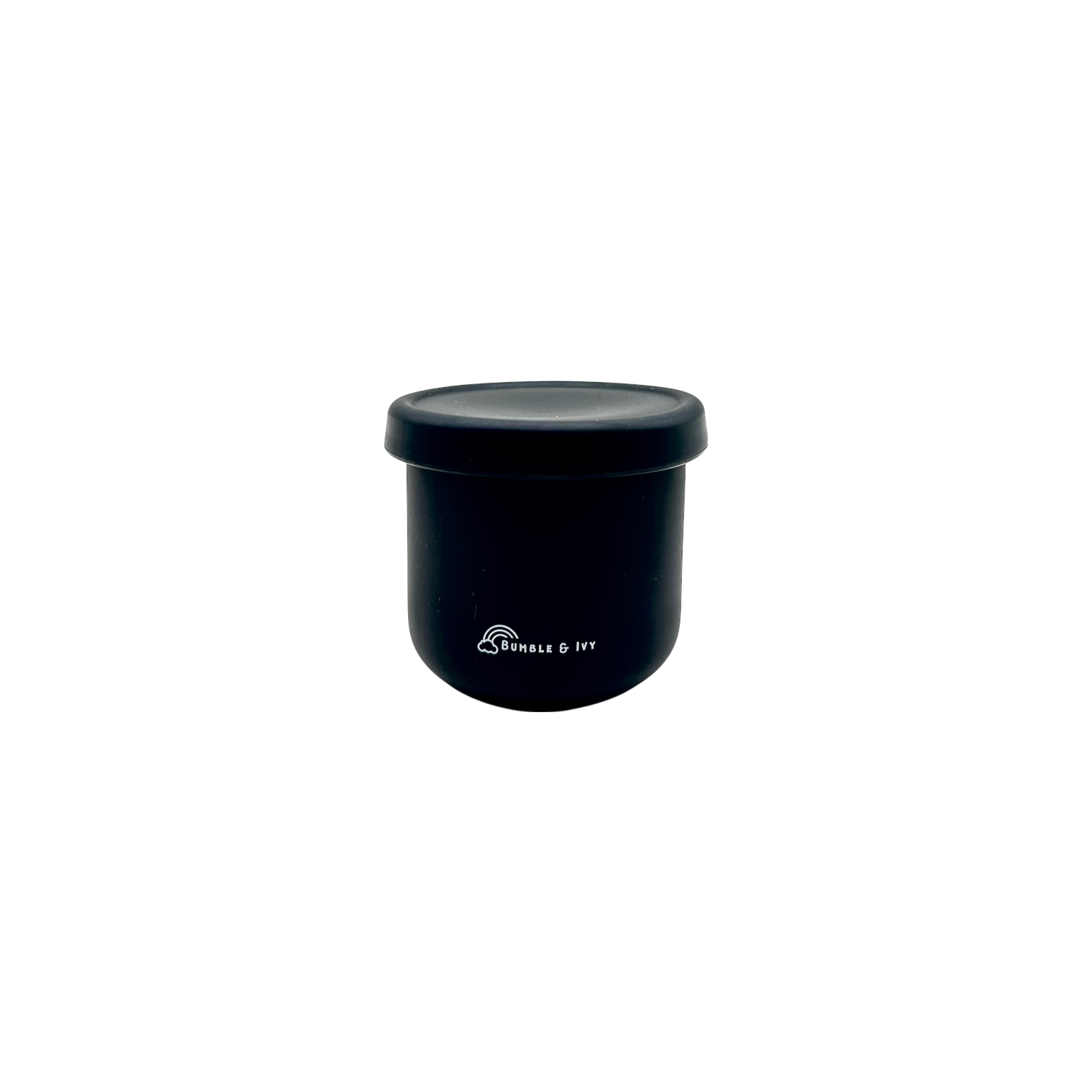 Isolated view of the Bumble & Ivy midnight black silicone snack pot with a sealed lid, a leakproof and reusable food storage container for toddler snacks and baby weaning.