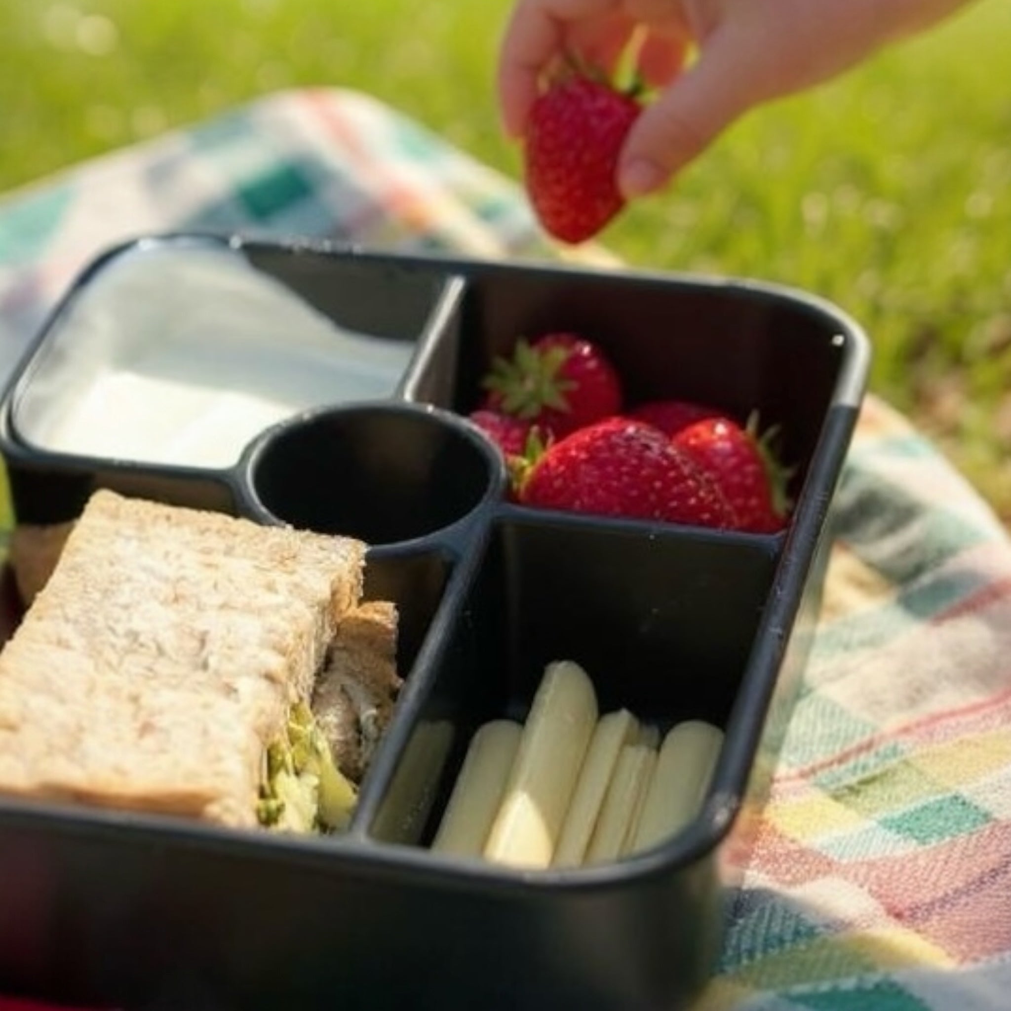 A close-up lifestyle shot of the Bumble & Ivy midnight black silicone bento box packed with a sandwich, cheese sticks, strawberries, and yogurt, sitting on a colorful picnic blanket outdoors.