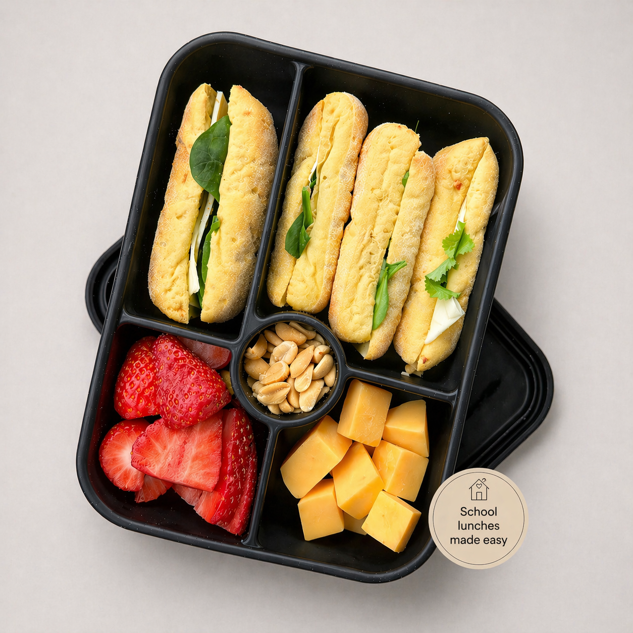 Overhead view of a Bumble & Ivy midnight black 5-compartment silicone bento box filled with a school lunch of mini sandwiches, strawberries, cheese cubes, and peanuts, featuring a "School lunches made easy" graphic.