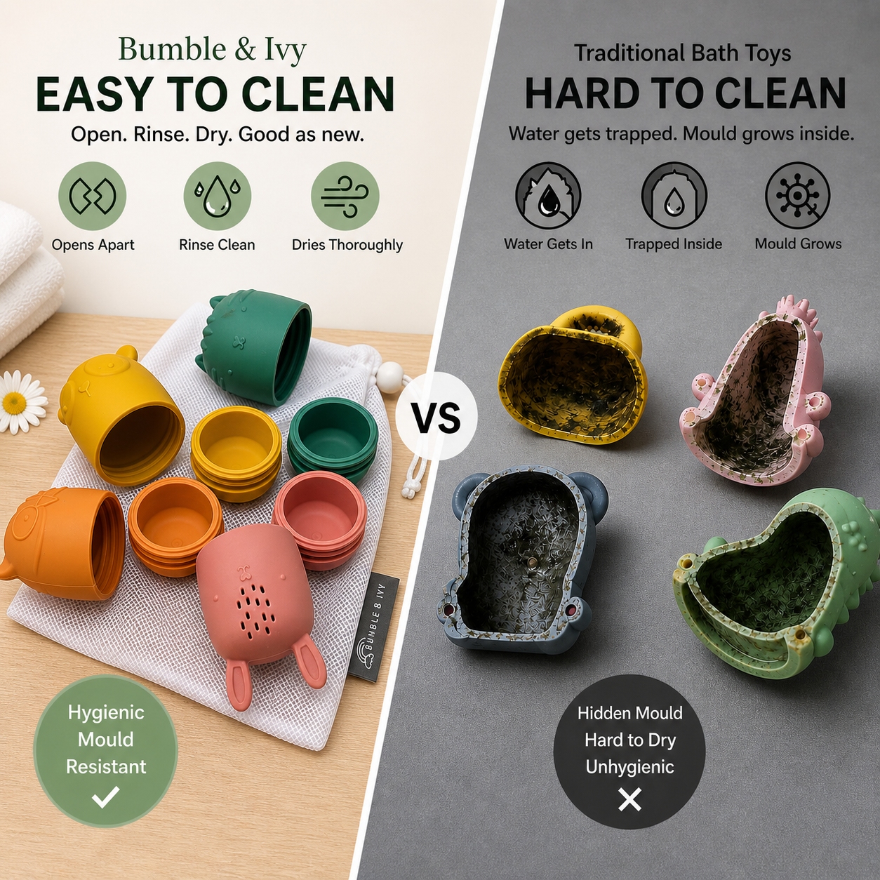 Comparison showing Bumble & Ivy mould-resistant bath toys that open for cleaning versus traditional bath toys where water can become trapped inside. Easy-clean silicone bath toys designed to help reduce hidden mould and improve hygiene.