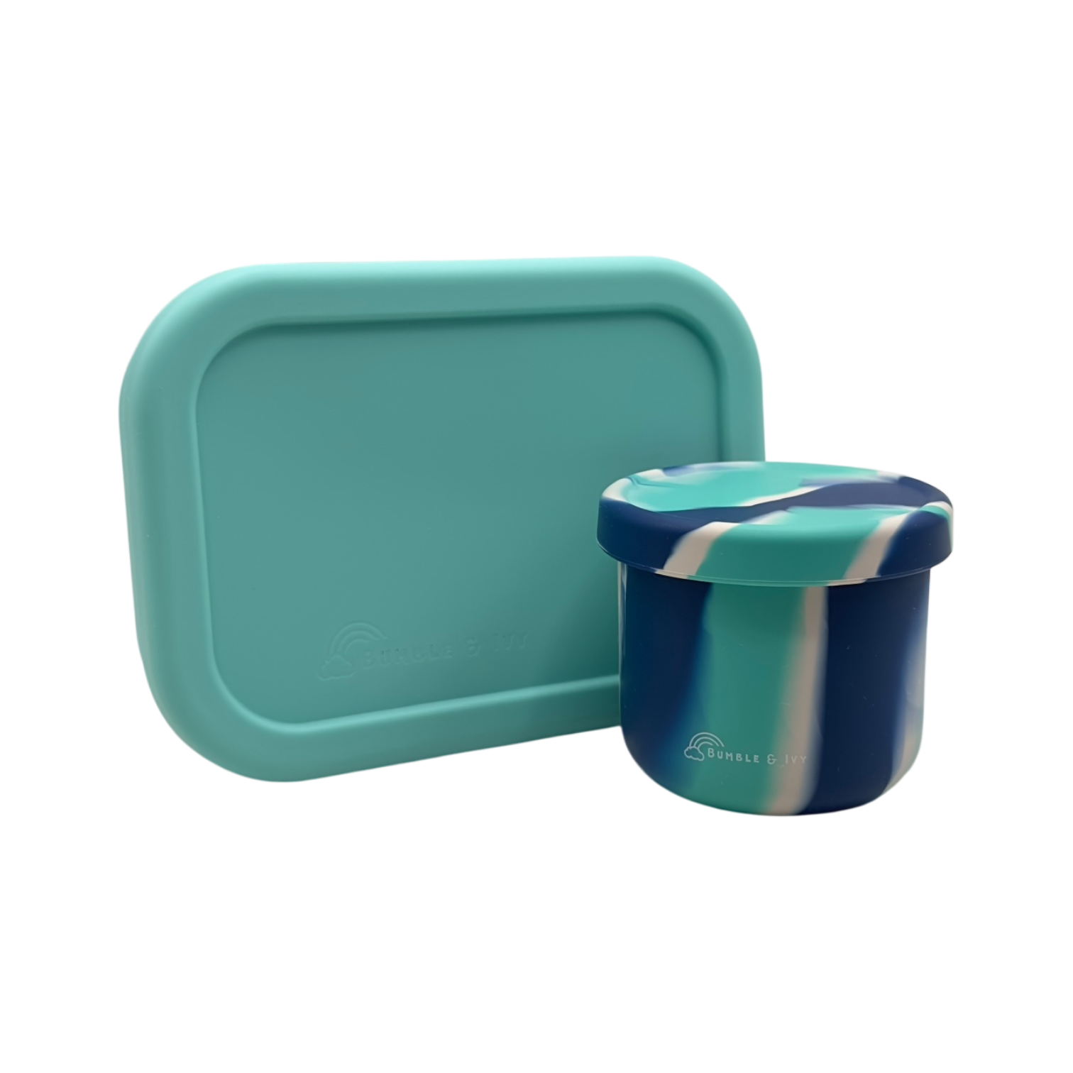 Bumble & Ivy Pearl Aqua silicone children's bento box paired with a marbled Maui ocean-themed snack pot container.