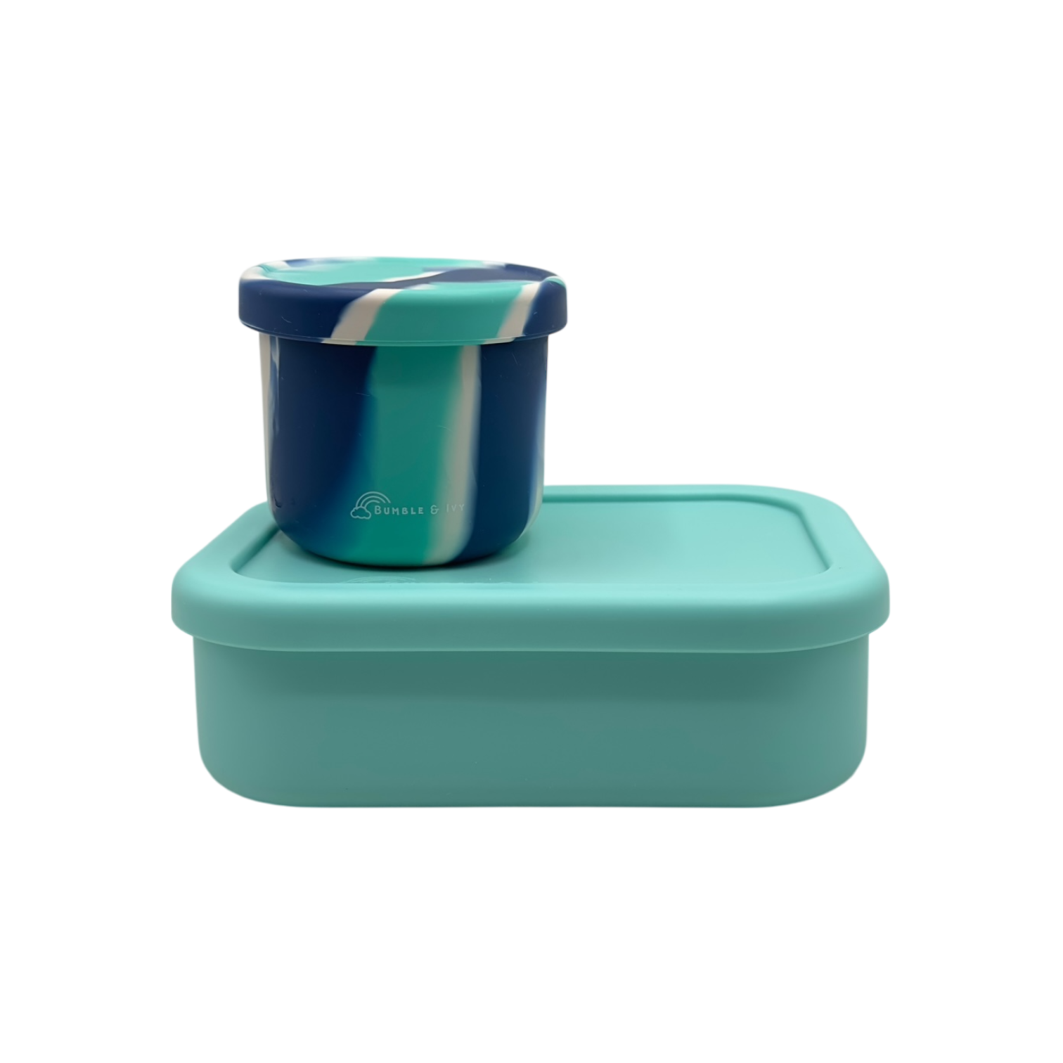 Bumble & Ivy Pearl Aqua silicone bento box and matching marbled Maui color round snack pot container.