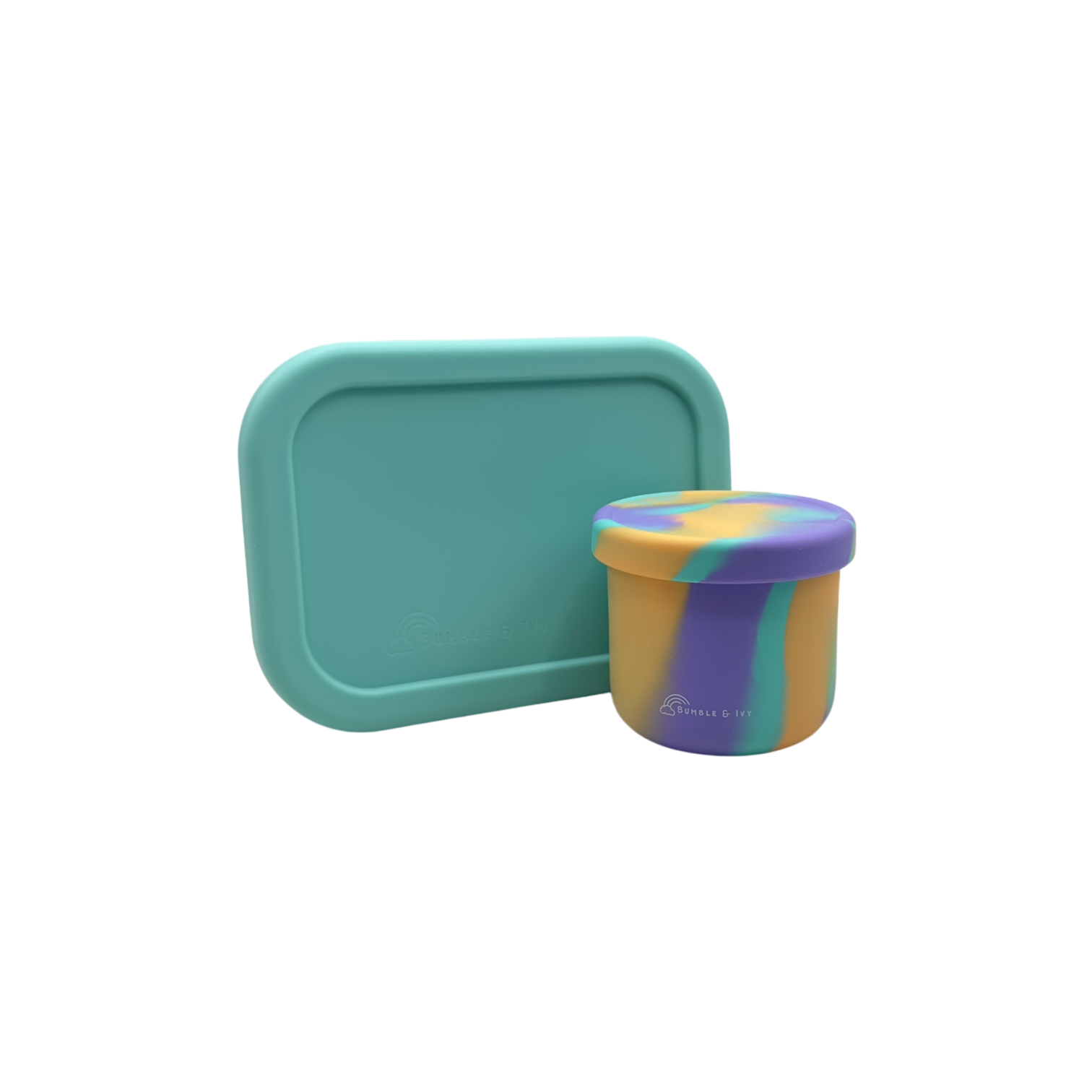 Bumble & Ivy Pearl Aqua silicone bento lunch box and marbled tropical colour snack pot set displayed side-by-side.