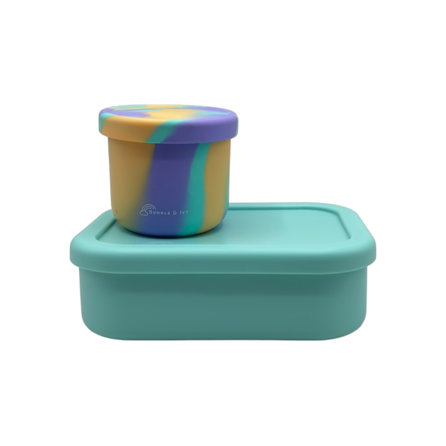 Bumble & Ivy Pearl Aqua silicone bento box and matching marbled tropical color round snack pot container.