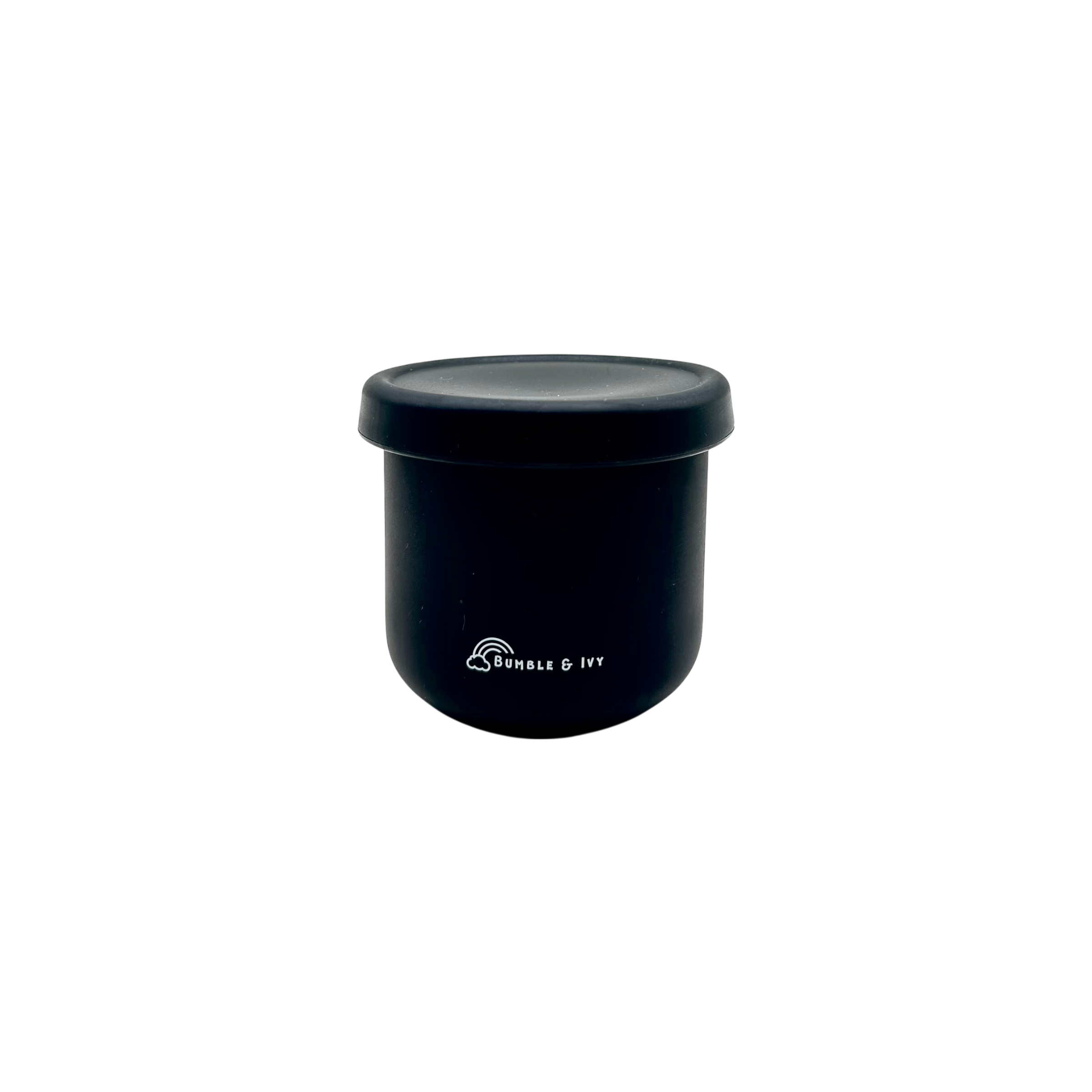 Transparent background view of the Bumble & Ivy midnight black silicone snack pot, an eco-friendly and premium food-grade toddler snack container with a secure lid.