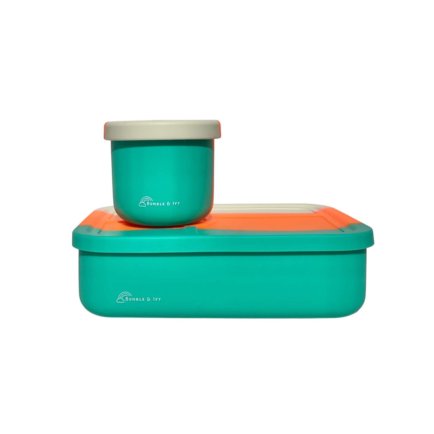 Teal and orange food-grade silicone lunch box and snack container set with lids for nursery or school lunches.