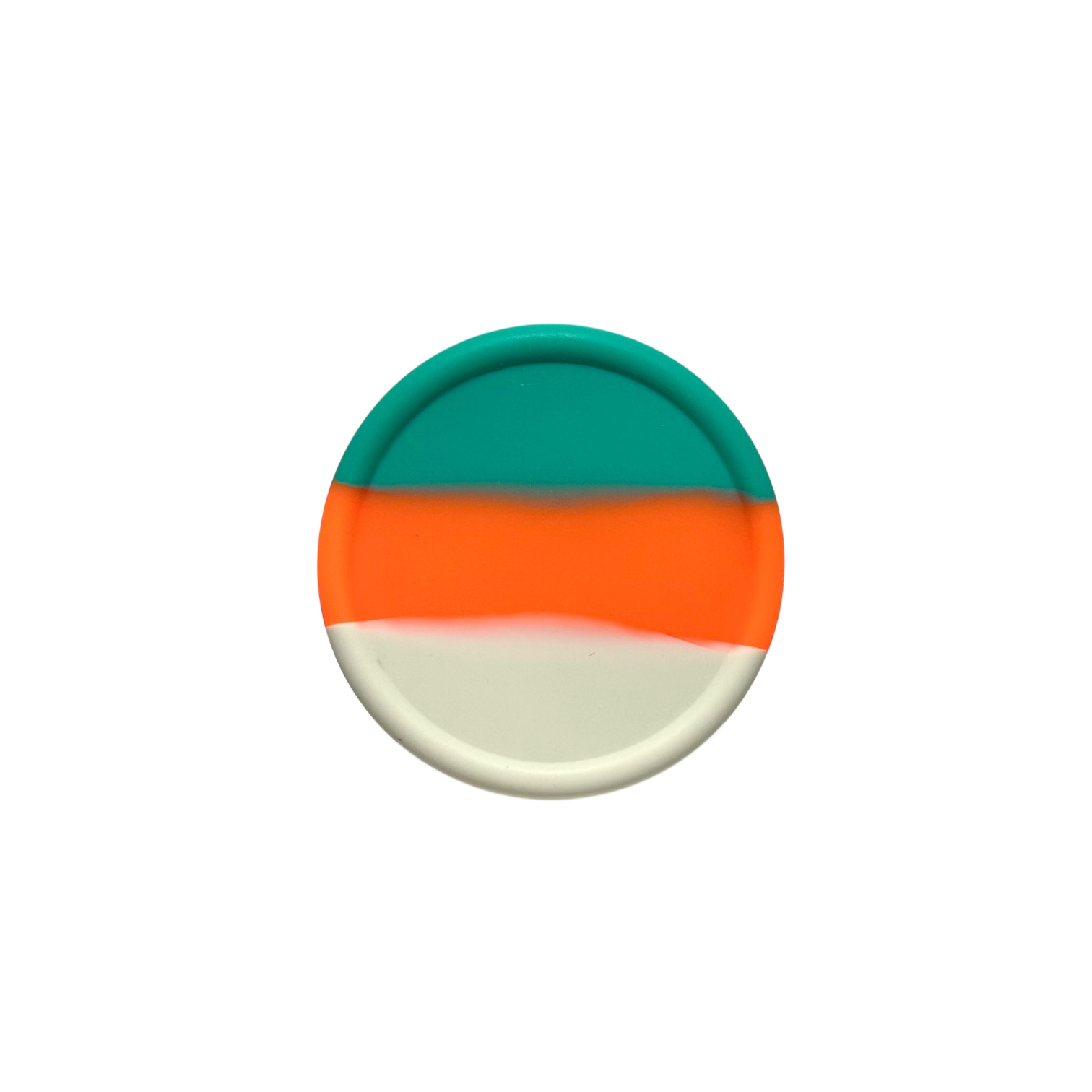 Modern tricolor marble design on a round food-grade silicone snack box lid for children.