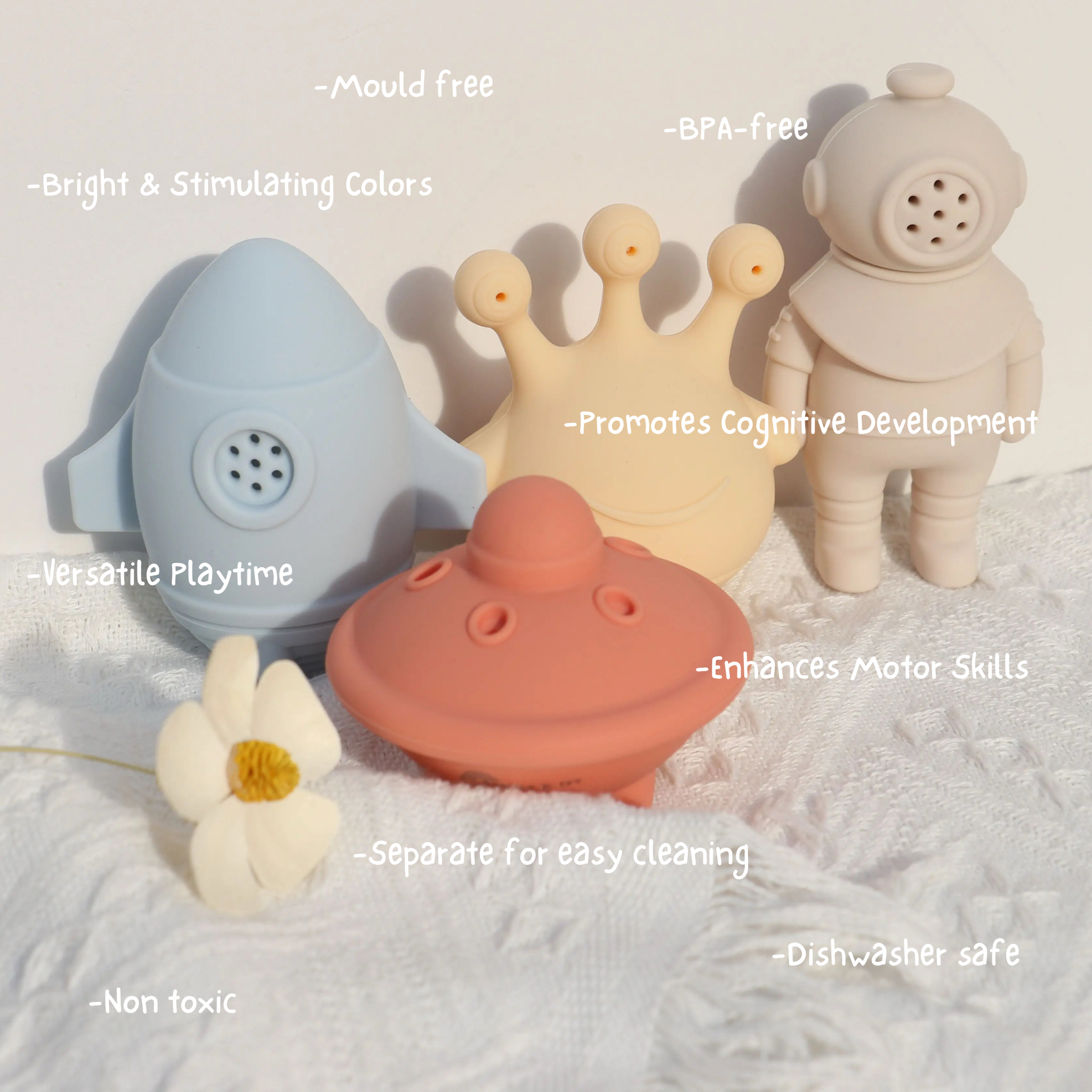 Infographic of mould-free silicone bath toys highlighting features: separate for easy cleaning, dishwasher safe, non-toxic, BPA-free, bright stimulating colours , promotes cognitive development, and enhances motor skills.