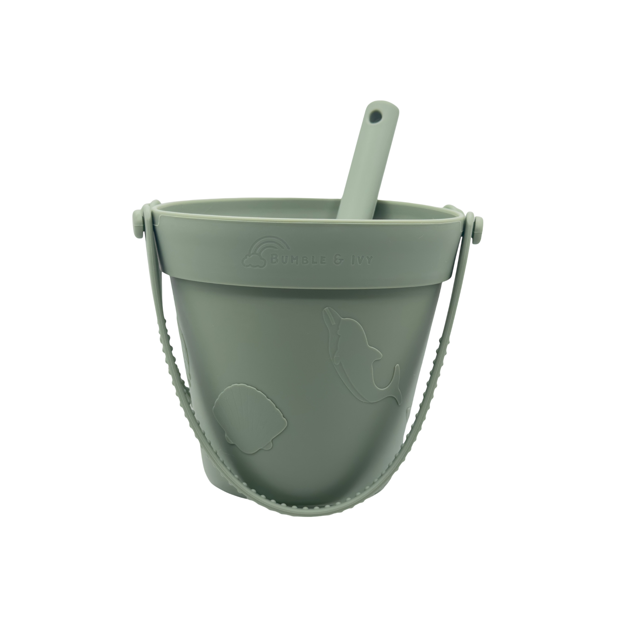 Bumble & Ivy green silicone bucket and spade set with shovel