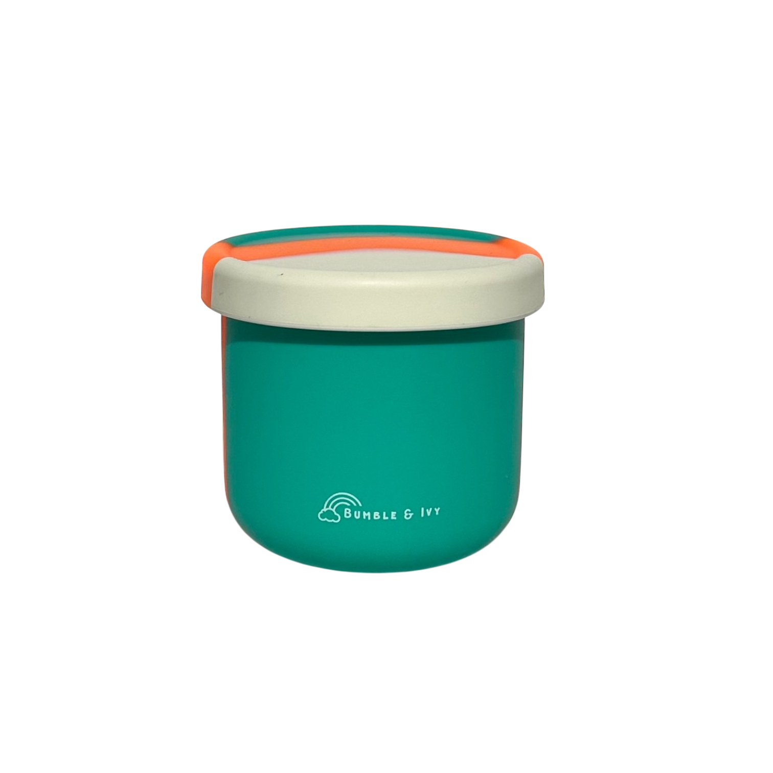 round teal silicone kids snack pot with a cream lid and orange strap detail, featuring the Bumble & Ivy logo.