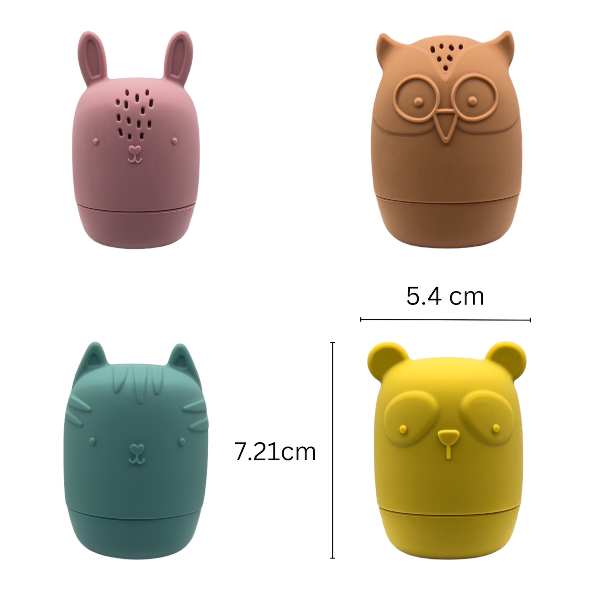 Bumble & Ivy Woodland Bath Toys size guide showing bunny, owl, fox and bear silicone bath toys with dimensions. Easy-clean mould-resistant bath toys designed for babies, toddlers and sensory water play.