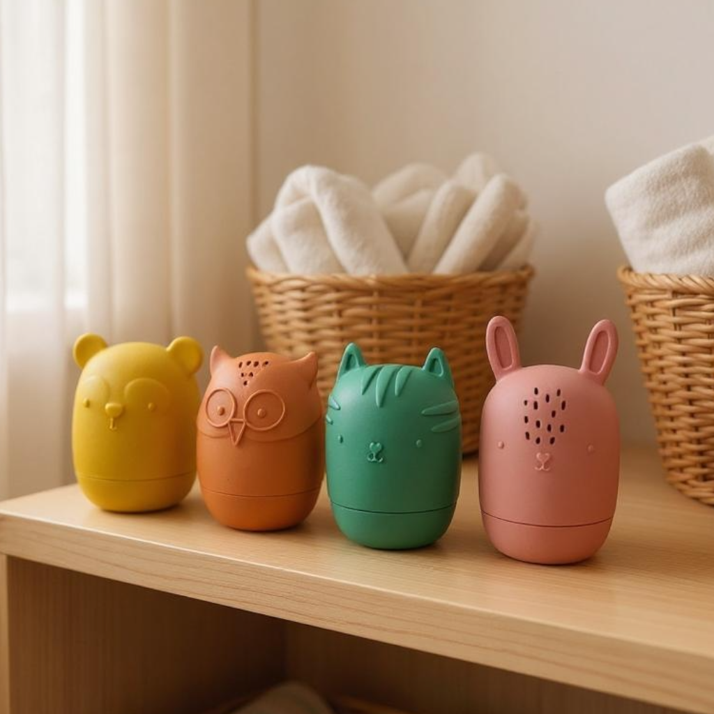 Bumble & Ivy Woodland Bath Toys featuring bear, owl, fox and bunny characters. Easy-clean mould-resistant bath toys that twist apart for cleaning, helping reduce hidden mould and making bath time fun for babies and toddlers.